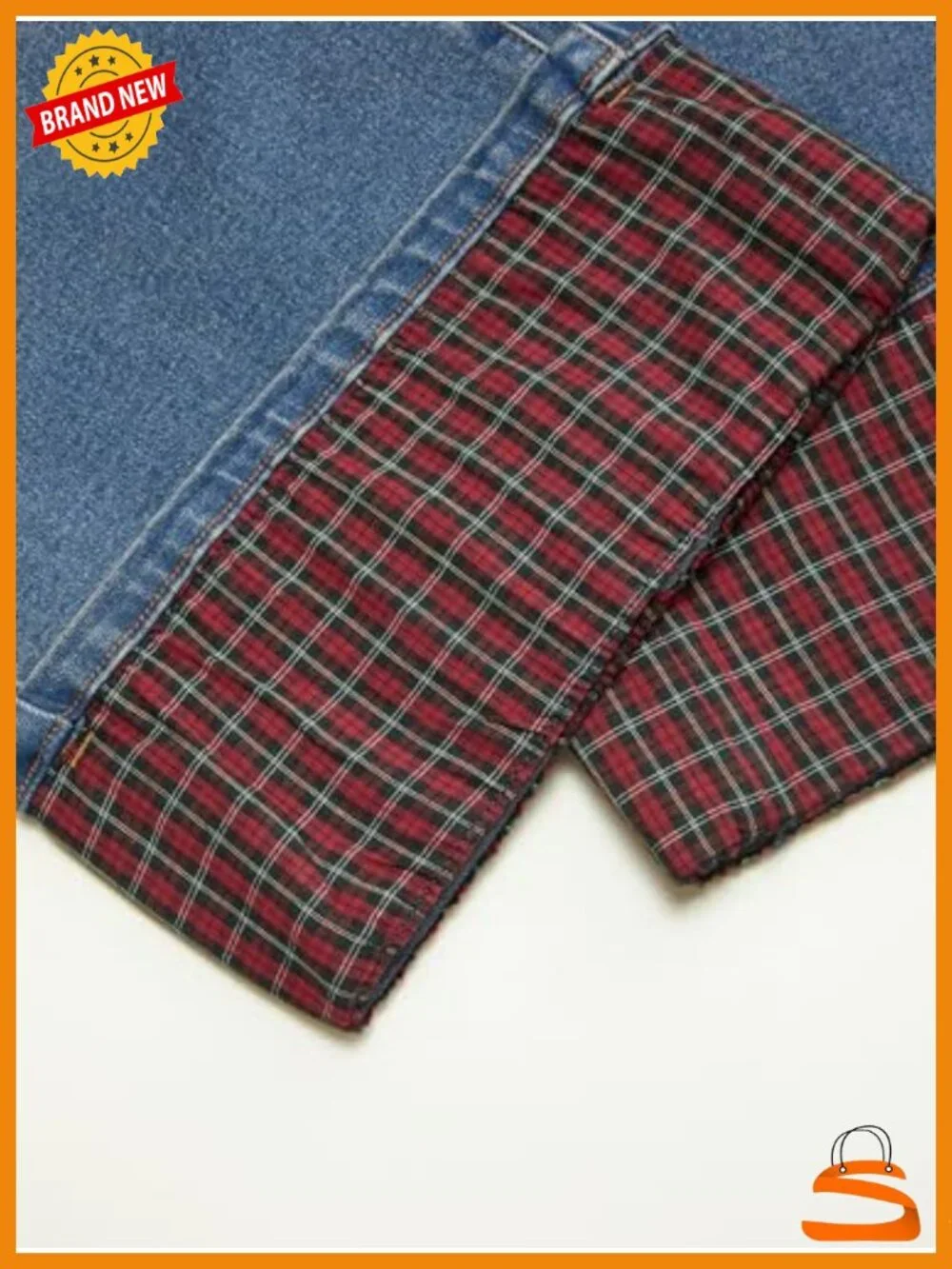 Stretchy Wide Leg Jeans with Plaid Cuffed Hem